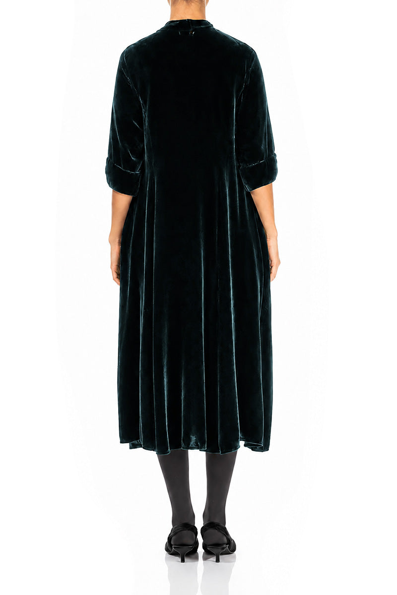 Keyhole Neck Deep Turquoise Silk Velvet Dress