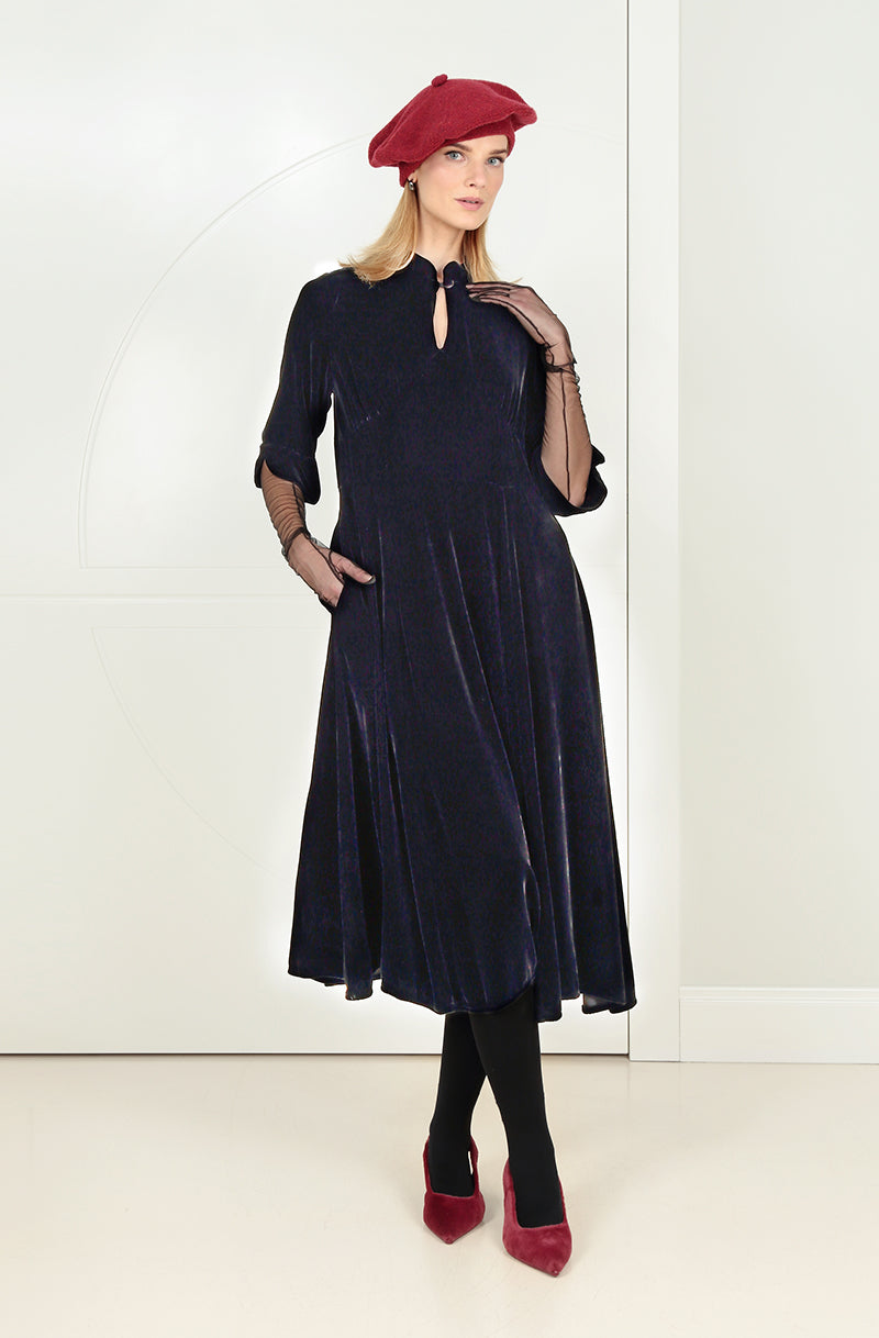 Keyhole Neck Slate Blue Silk Velvet Dress