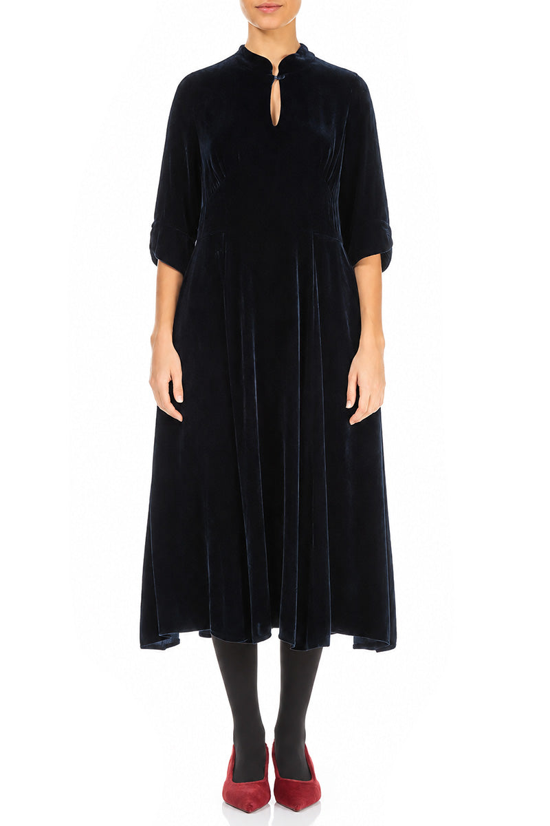 Keyhole Neck Slate Blue Silk Velvet Dress
