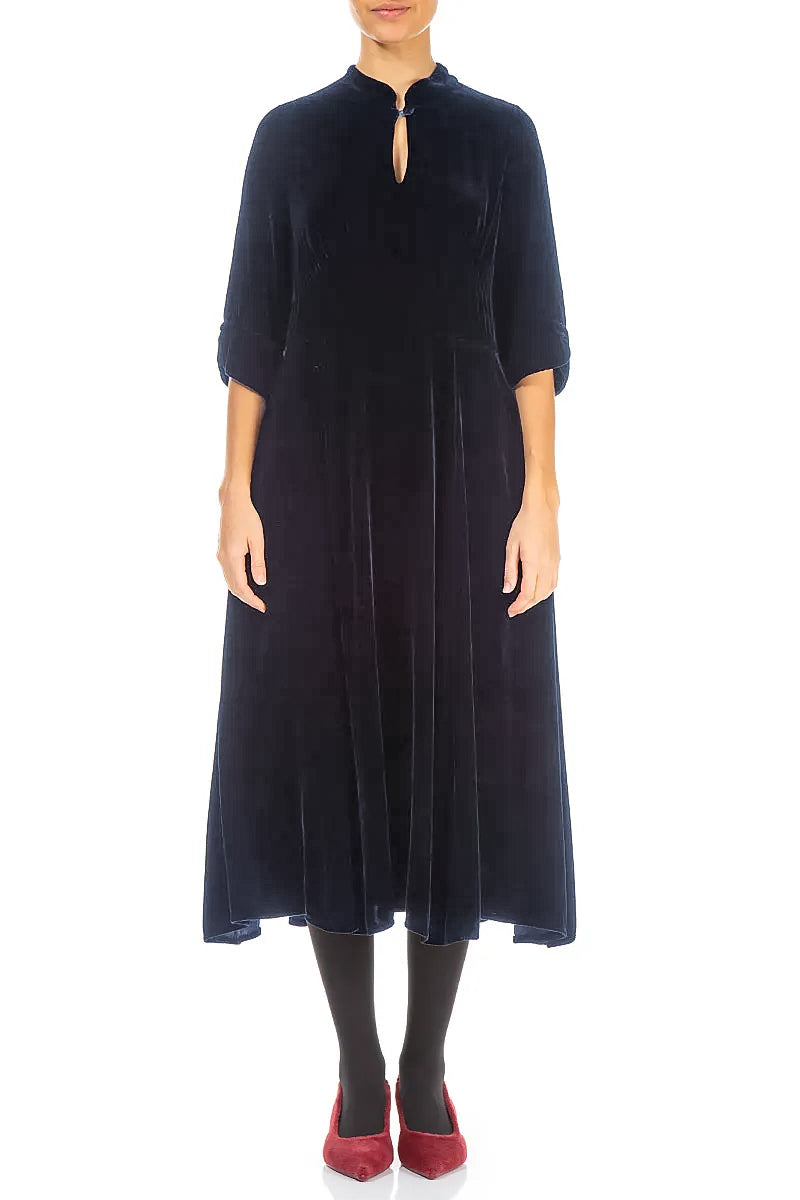 Keyhole Neck Slate Blue Silk Velvet Dress