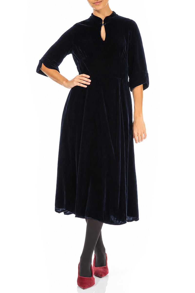 Keyhole Neck Slate Blue Silk Velvet Dress