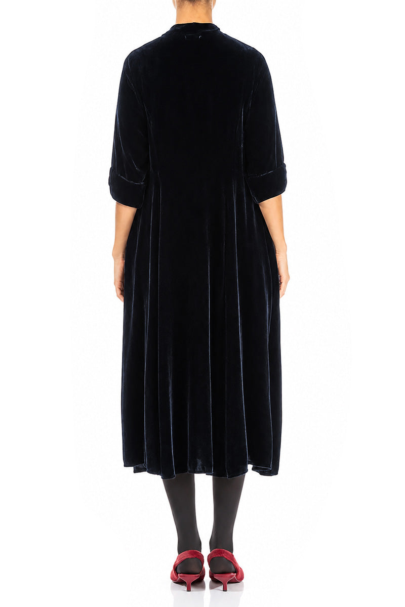 Keyhole Neck Slate Blue Silk Velvet Dress