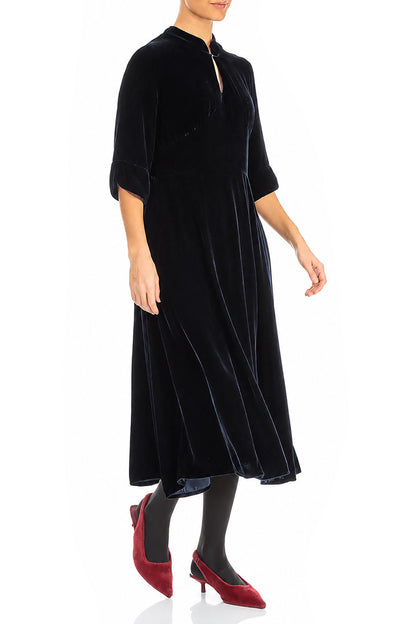 Keyhole Neck Slate Blue Silk Velvet Dress