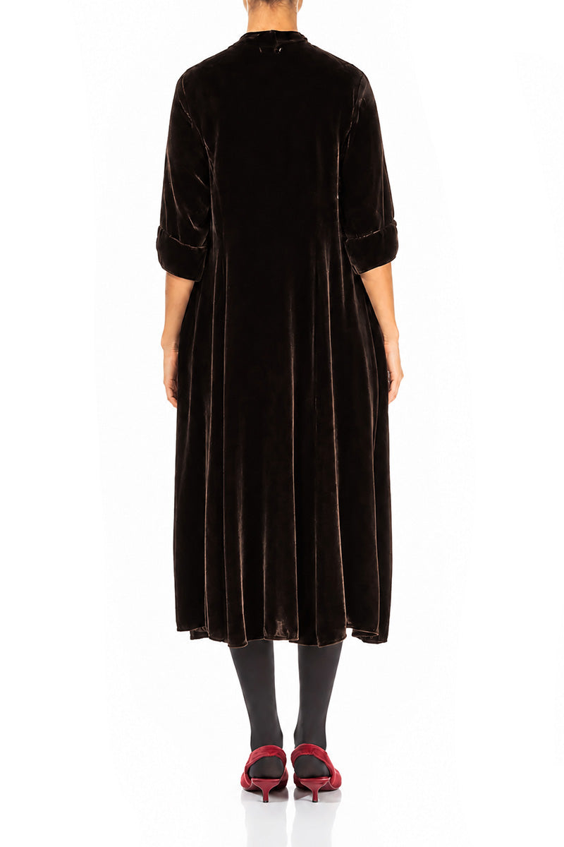 Keyhole Neck Truffle Brown Silk Velvet Dress 2