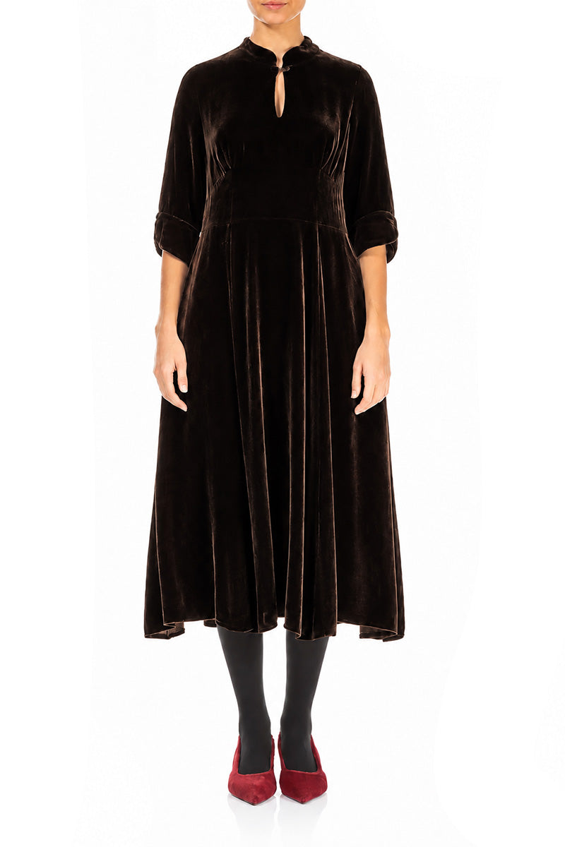 Keyhole Neck Truffle Brown Silk Velvet Dress