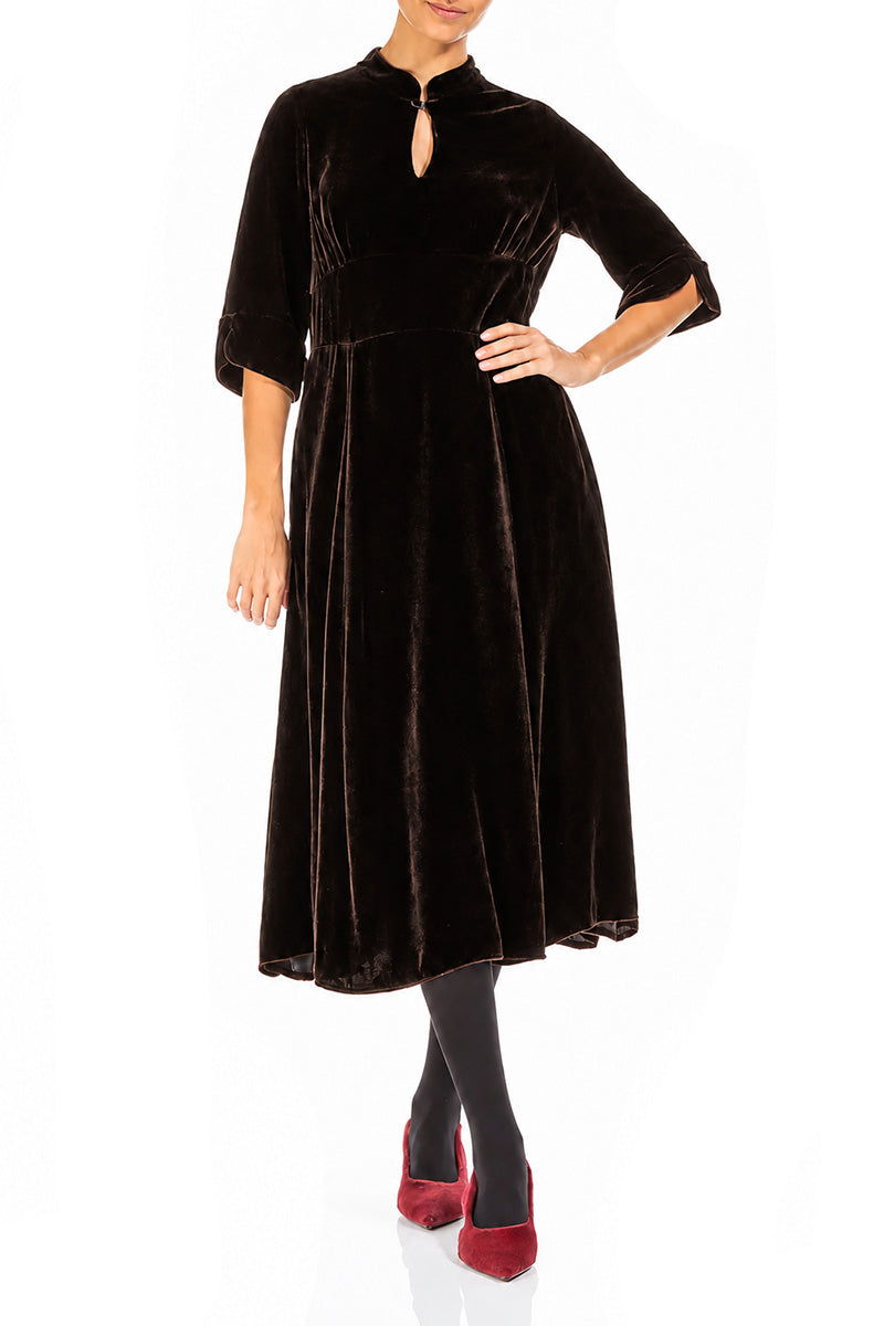 Keyhole Neck Truffle Brown Silk Velvet Dress