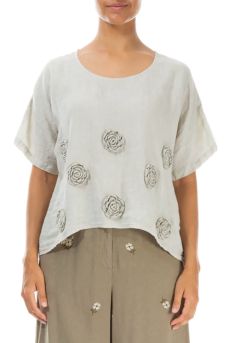 Knitted Flowers Laurel Green Linen Blouse 1