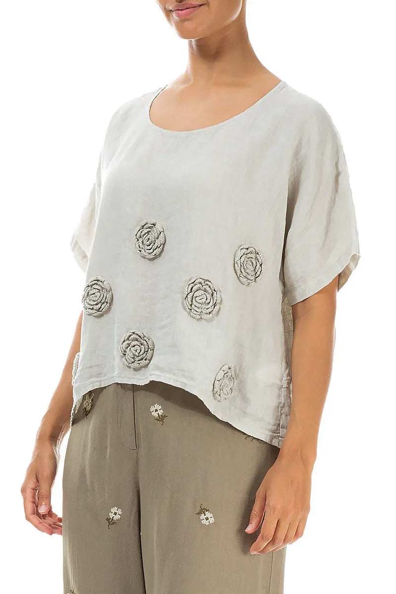 Knitted Flowers Laurel Green Linen Blouse 3