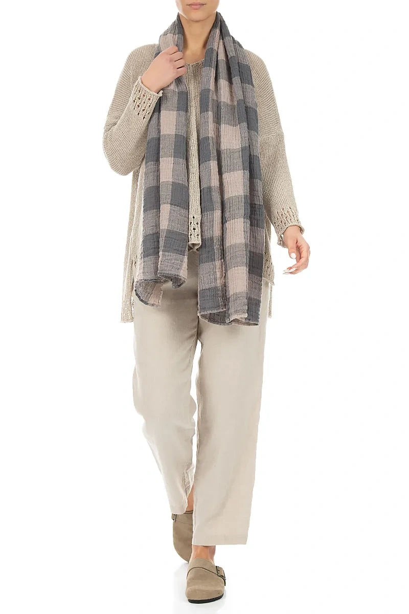Large Check Beige Gauze Linen Scarf