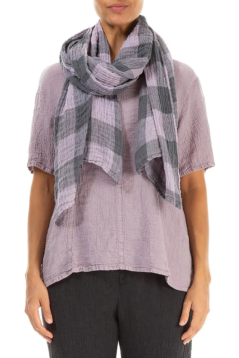 Large Check Lilac Gauze Linen Scarf
