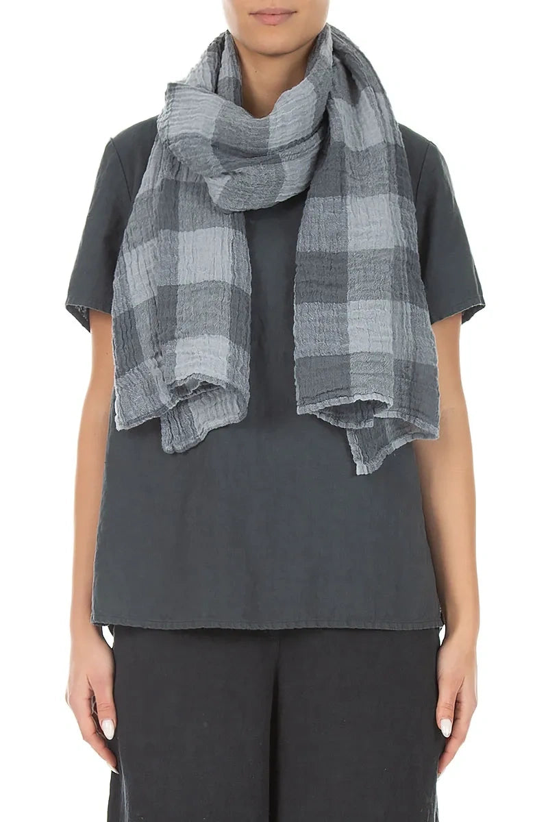 Large Check Silver Grey Gauze Linen Scarf