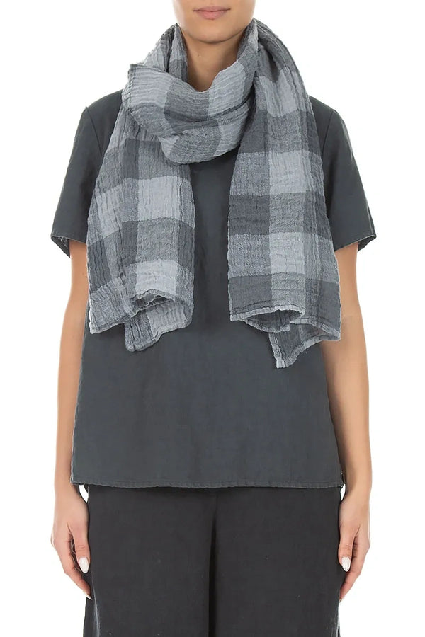 Large Check Silver Grey Gauze Linen Scarf 1