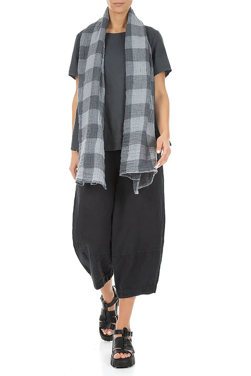 Large Check Silver Grey Gauze Linen Scarf