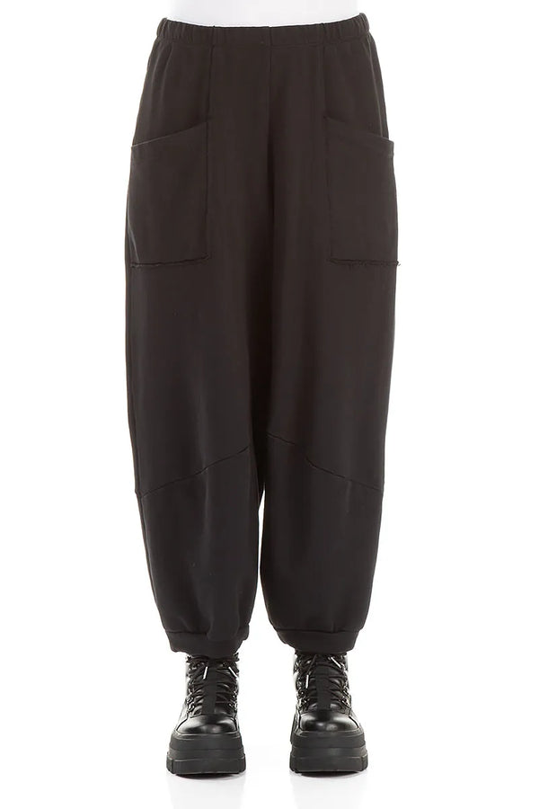 Large Pockets Black French Terry Cotton Trousers 1