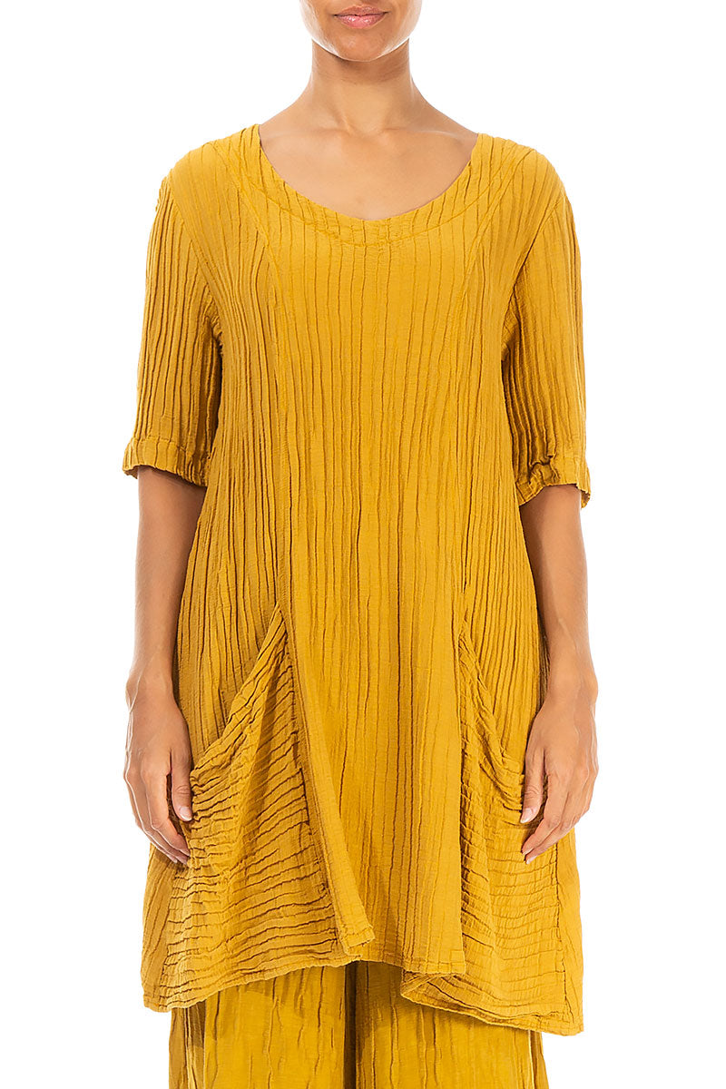 Large Pockets Crinkled Mustard Silk Tunic 1