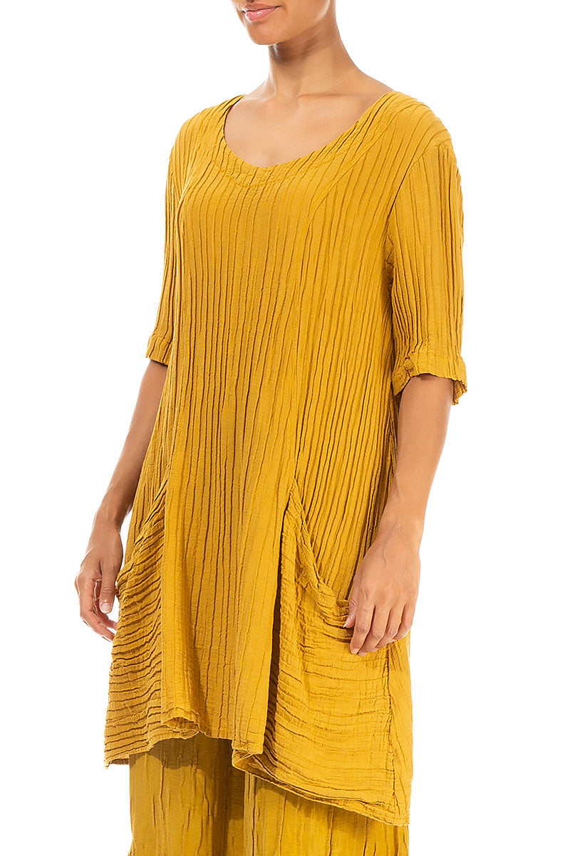 Large Pockets Crinkled Mustard Silk Tunic 3