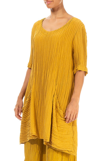Large Pockets Crinkled Mustard Silk Tunic 3