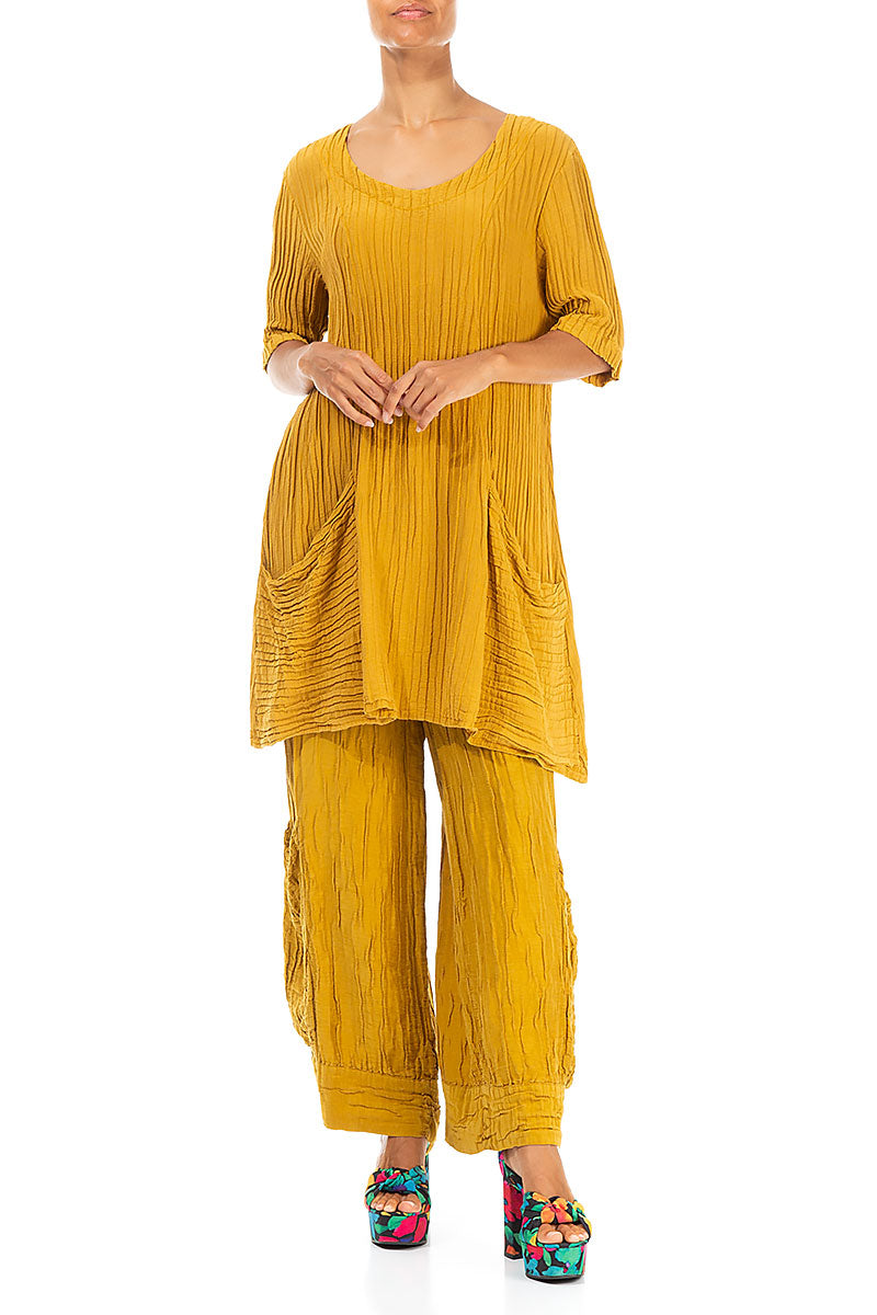 Large Pockets Crinkled Mustard Silk Tunic 4
