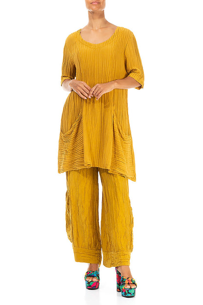 Large Pockets Crinkled Mustard Silk Tunic 4