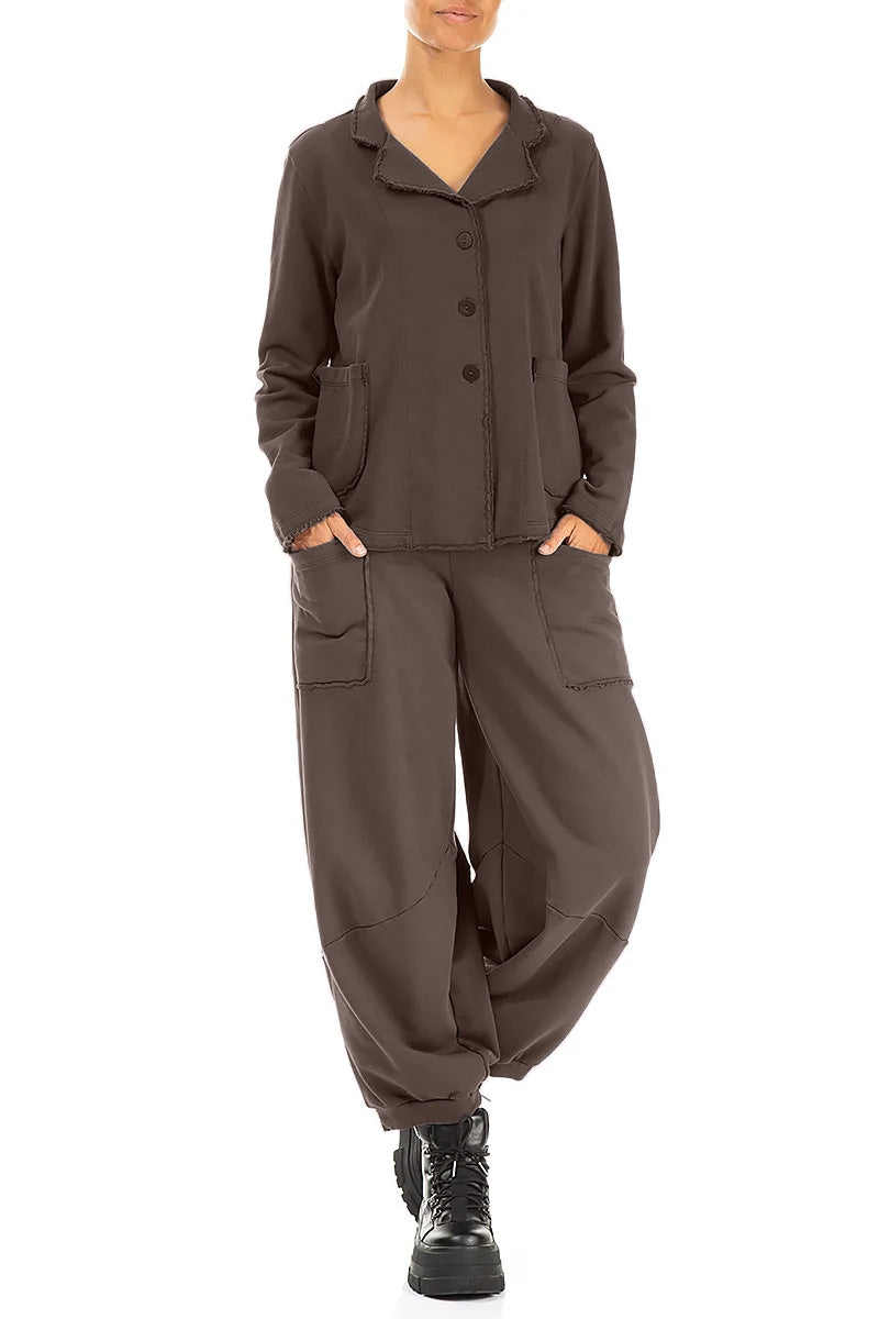 Large Pockets Forest Brown French Terry Cotton Trousers 4