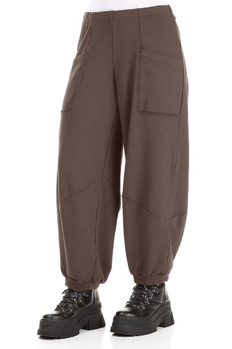 Large Pockets Forest Brown French Terry Cotton Trousers 3