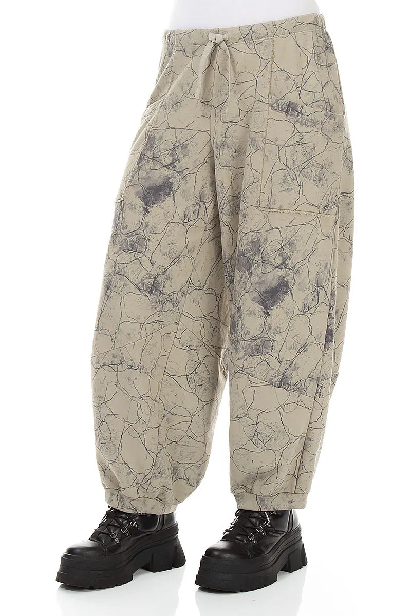 Large Pockets Olive Grey Marble French Terry Cotton Trousers 3
