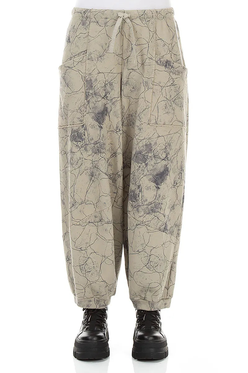 Large Pockets Olive Grey Marble French Terry Cotton Trousers 1