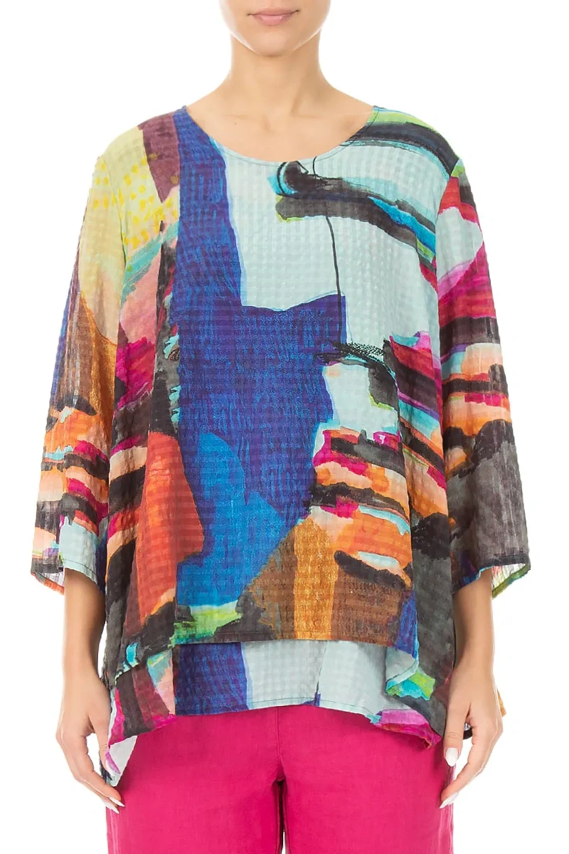 Layered 3/4 Sleeves Abstract Textured Silk Blouse 1