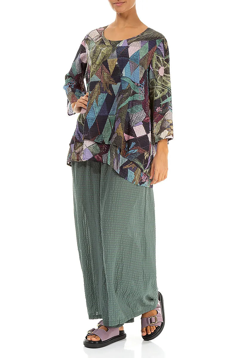 Layered 3/4 Sleeves Art Mosaic Textured Silk Blouse