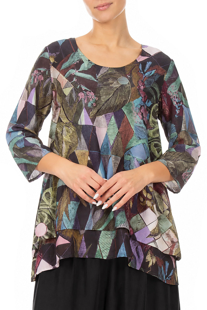 Layered 3/4 Sleeves Art Mosaic Silk Bamboo Blouse 3