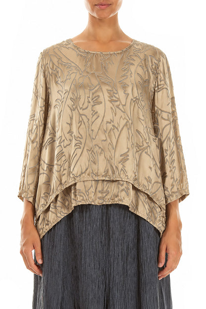 Layered Olive Devoré Feather Silk Blouse