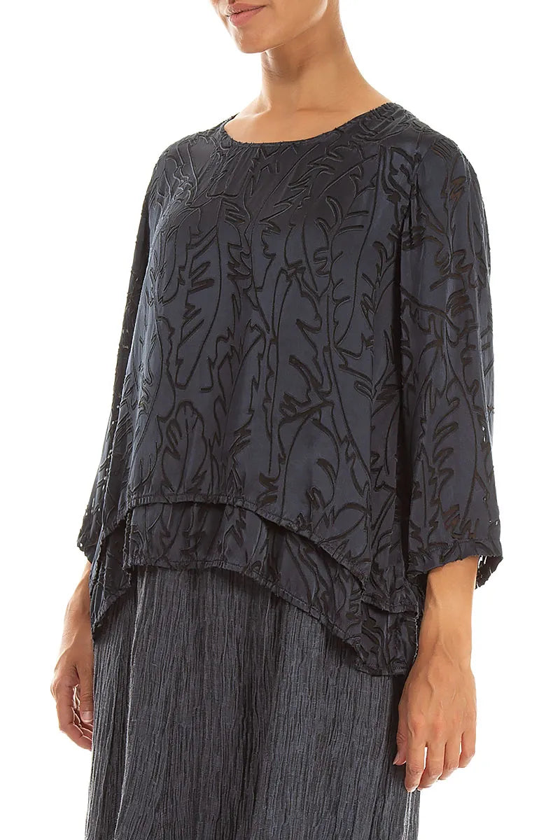 Layered Slate Devoré Feather Silk Blouse 4