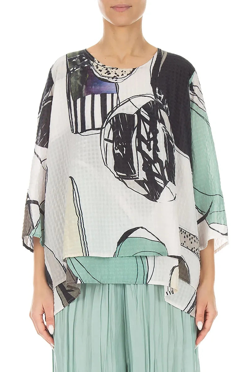 Layered 3/4 Sleeves Tumbled Stone Textured Silk Blouse 1