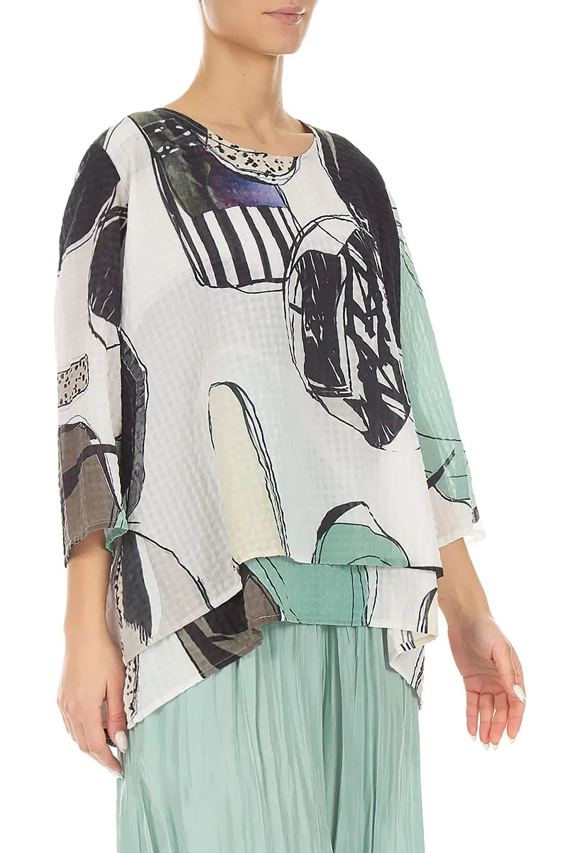 Layered 3/4 Sleeves Tumbled Stone Textured Silk Blouse 3