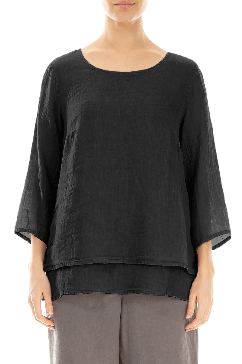 Layered Black Gauze Linen Blouse 1