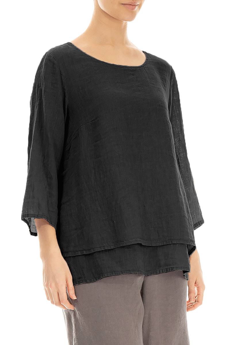 Layered Black Gauze Linen Blouse 3