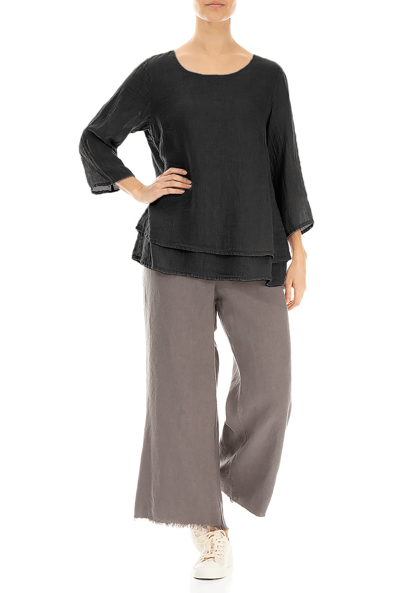 Layered Black Gauze Linen Blouse 4