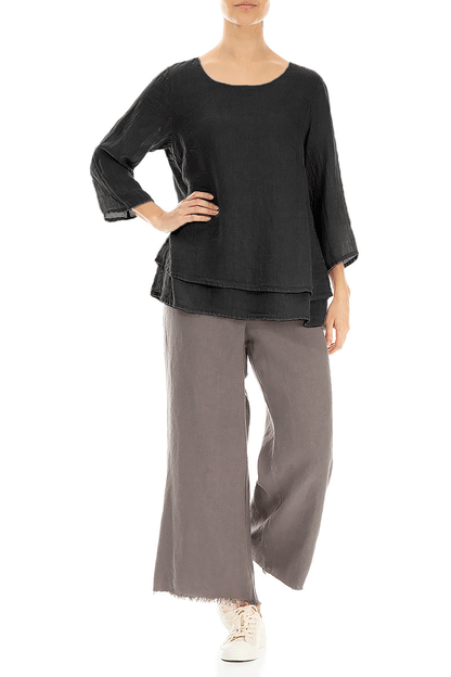 Layered Black Gauze Linen Blouse 4
