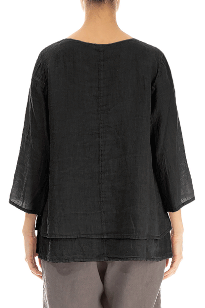 Layered Black Gauze Linen Blouse 2