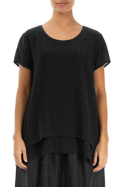Layered Black Textured Silk Blouse 1