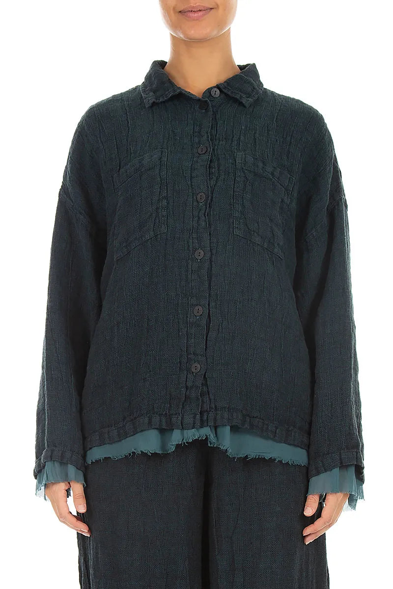 Layered Deep Truquoise Mélange Linen Shirt