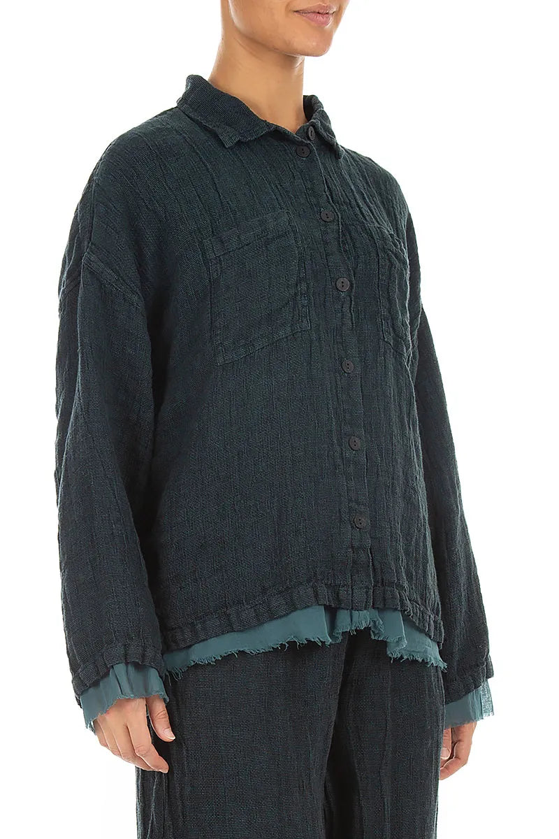 Layered Deep Truquoise Mélange Linen Shirt