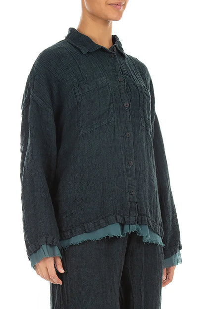 Layered Deep Truquoise Mélange Linen Shirt