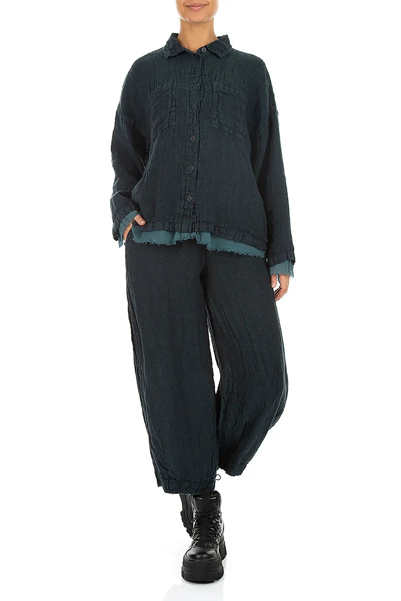 Layered Deep Truquoise Mélange Linen Shirt
