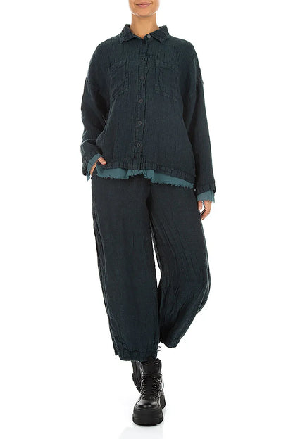 Layered Deep Truquoise Mélange Linen Shirt