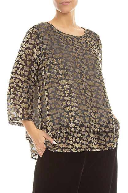 Bluse aus mehrlagigem Devoré-Seidensamt mit Blütenblattmuster in Gold