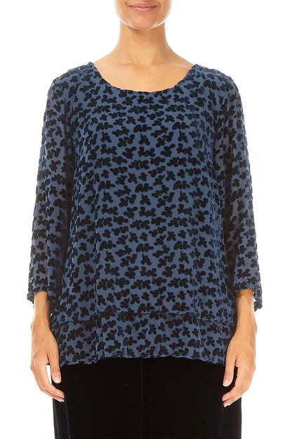 Bluse aus königsblauem Seidensamt mit Devoré-Muster