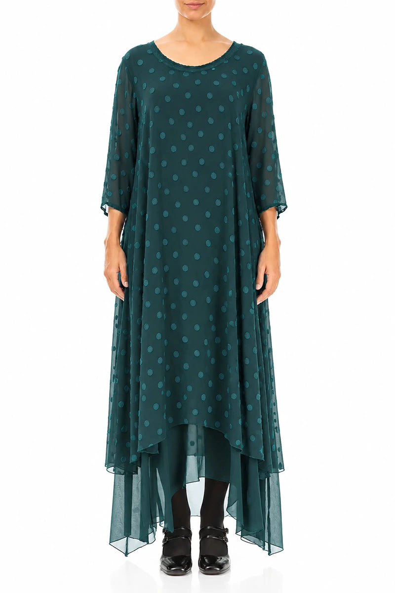 Mehrlagiges gepunktetes Dunkeltürkis-Seidenkleid