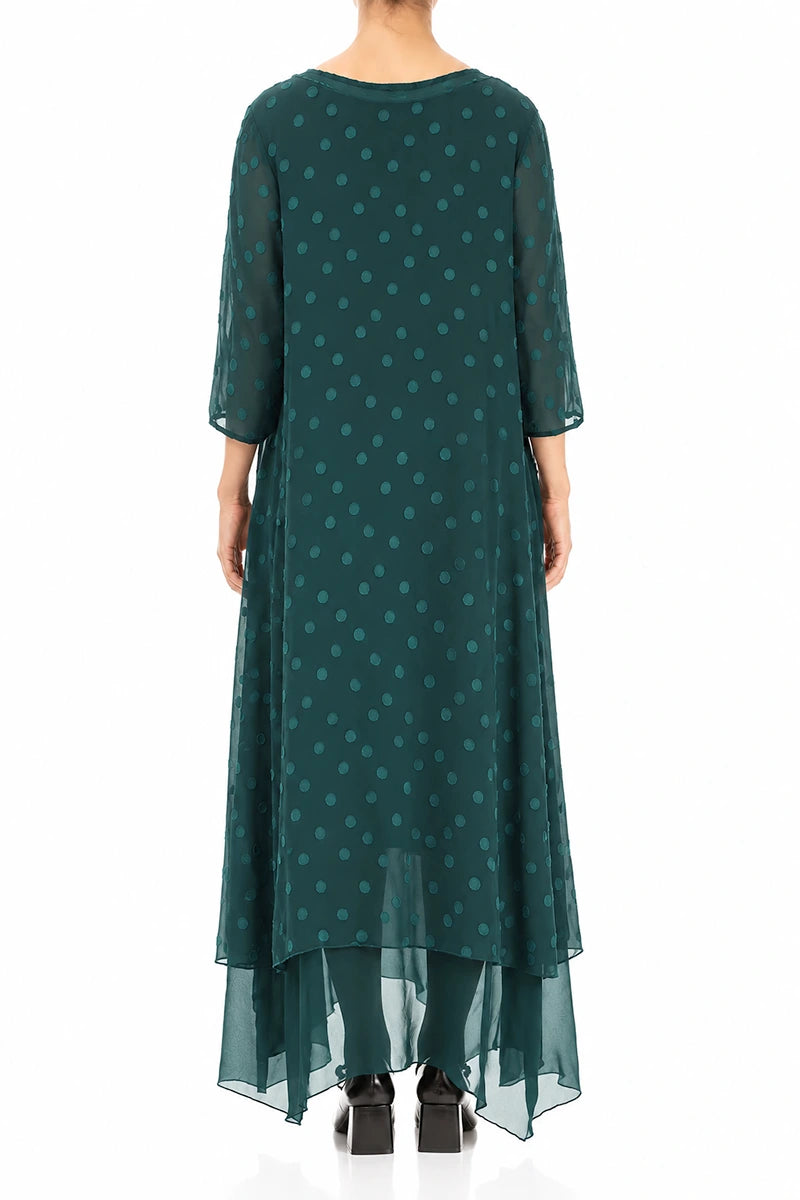 Mehrlagiges gepunktetes Dunkeltürkis-Seidenkleid