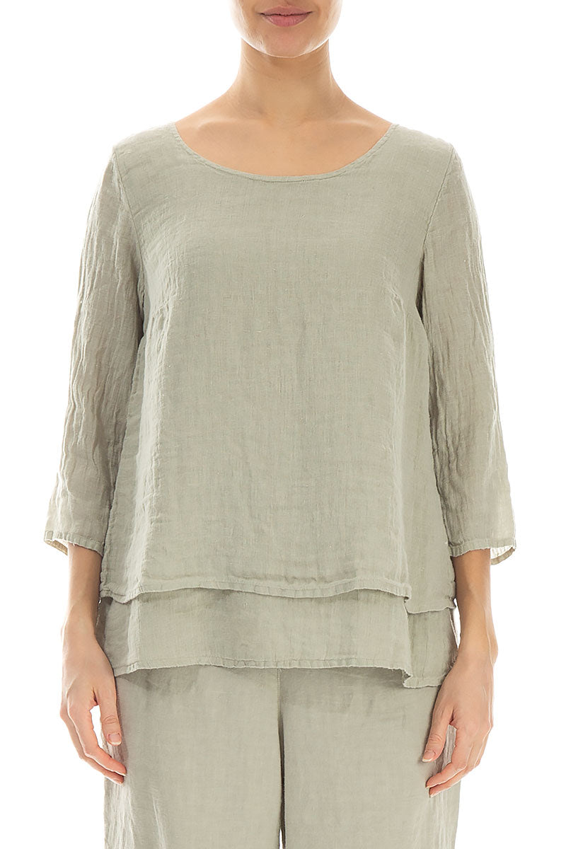 Layered Laurel Green Gauze Linen Blouse 1